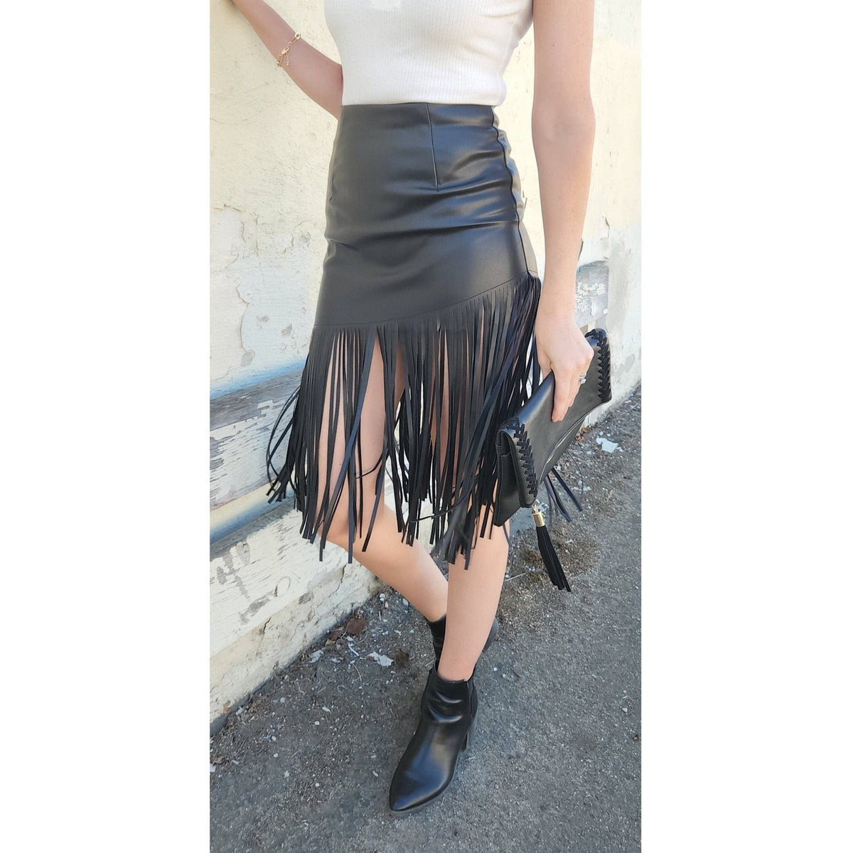 Women's Faux Leather Fringe Skirt Skirts TheFringeCultureCollective