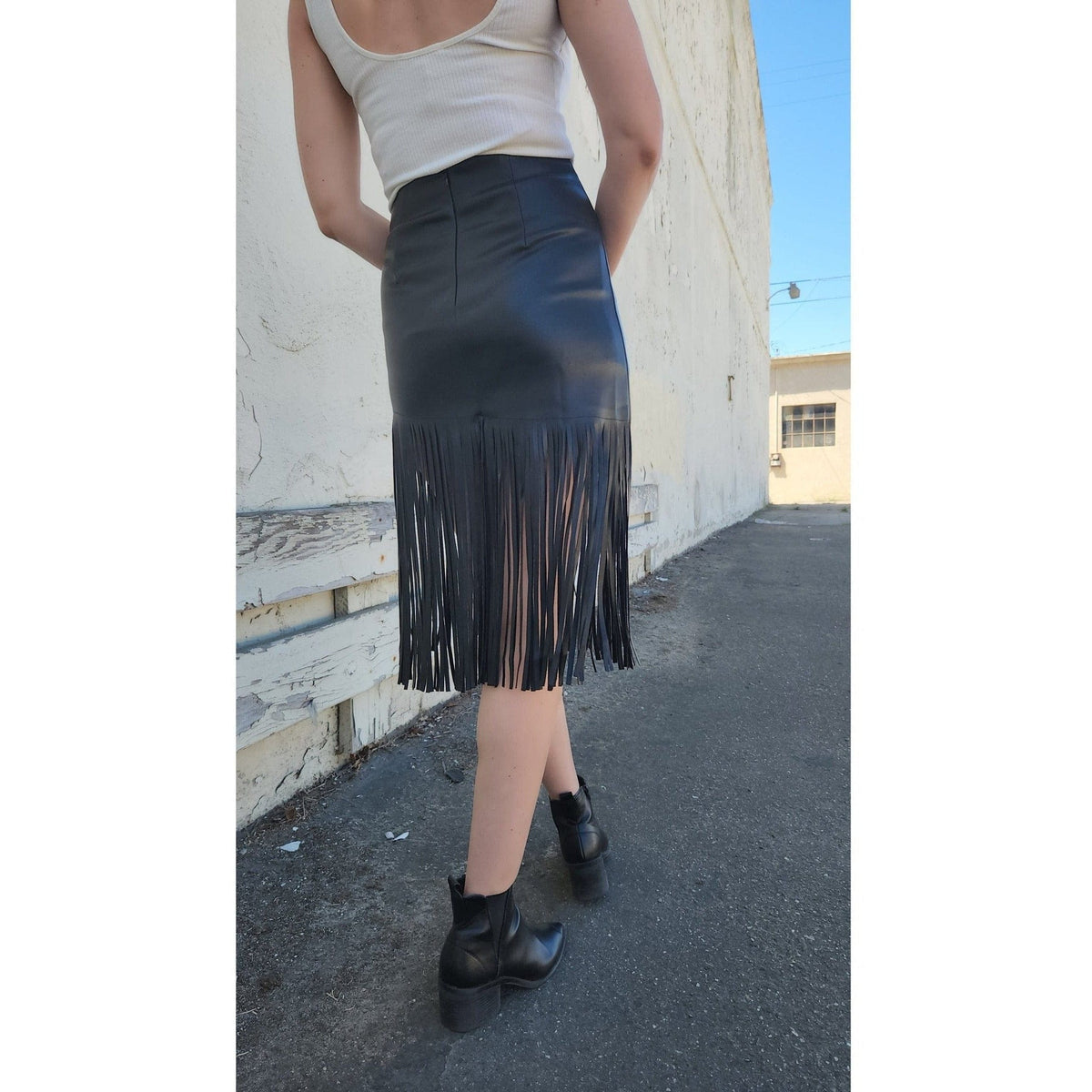 Women's Faux Leather Fringe Skirt Skirts TheFringeCultureCollective