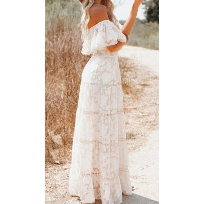 Women's off Shoulder Ruffled Maxi Dress in White Long Dress TheFringeCultureCollective